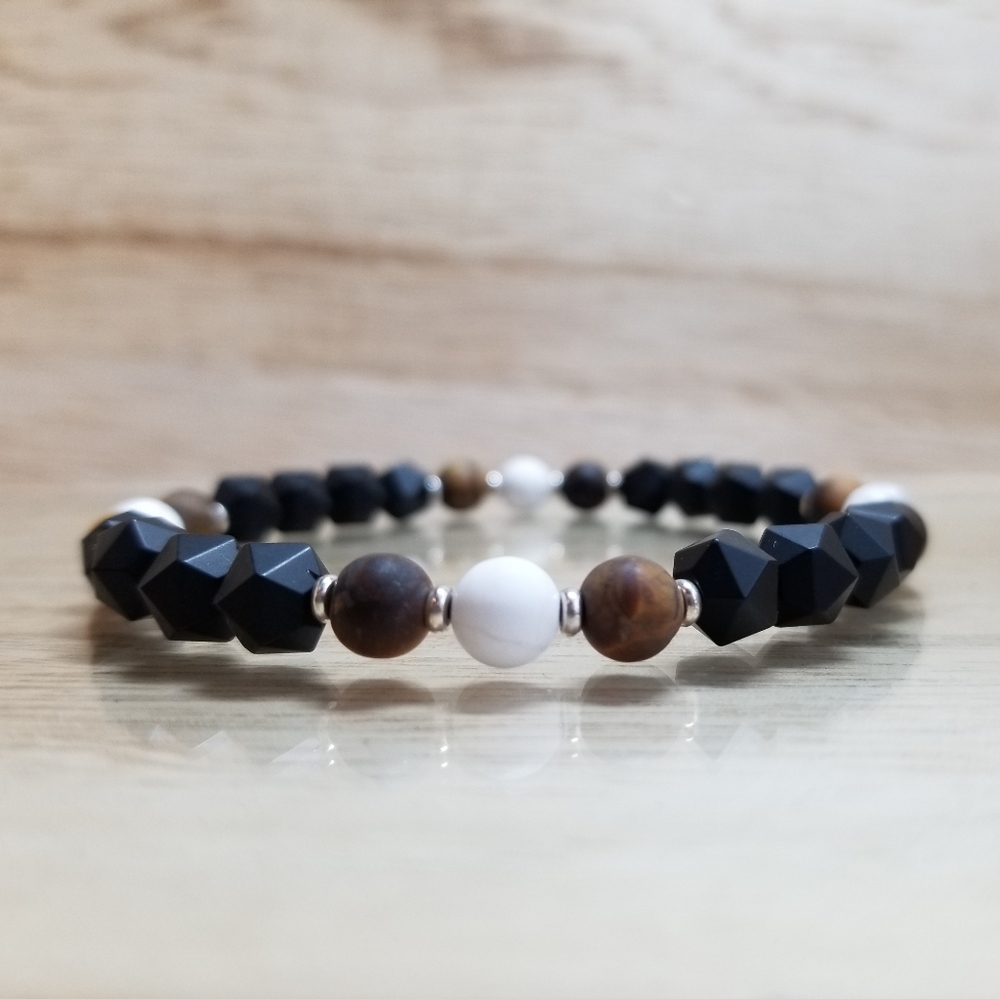 Tiger Eye, Onyx & Howlite Rose Cut Beaded Bracelet